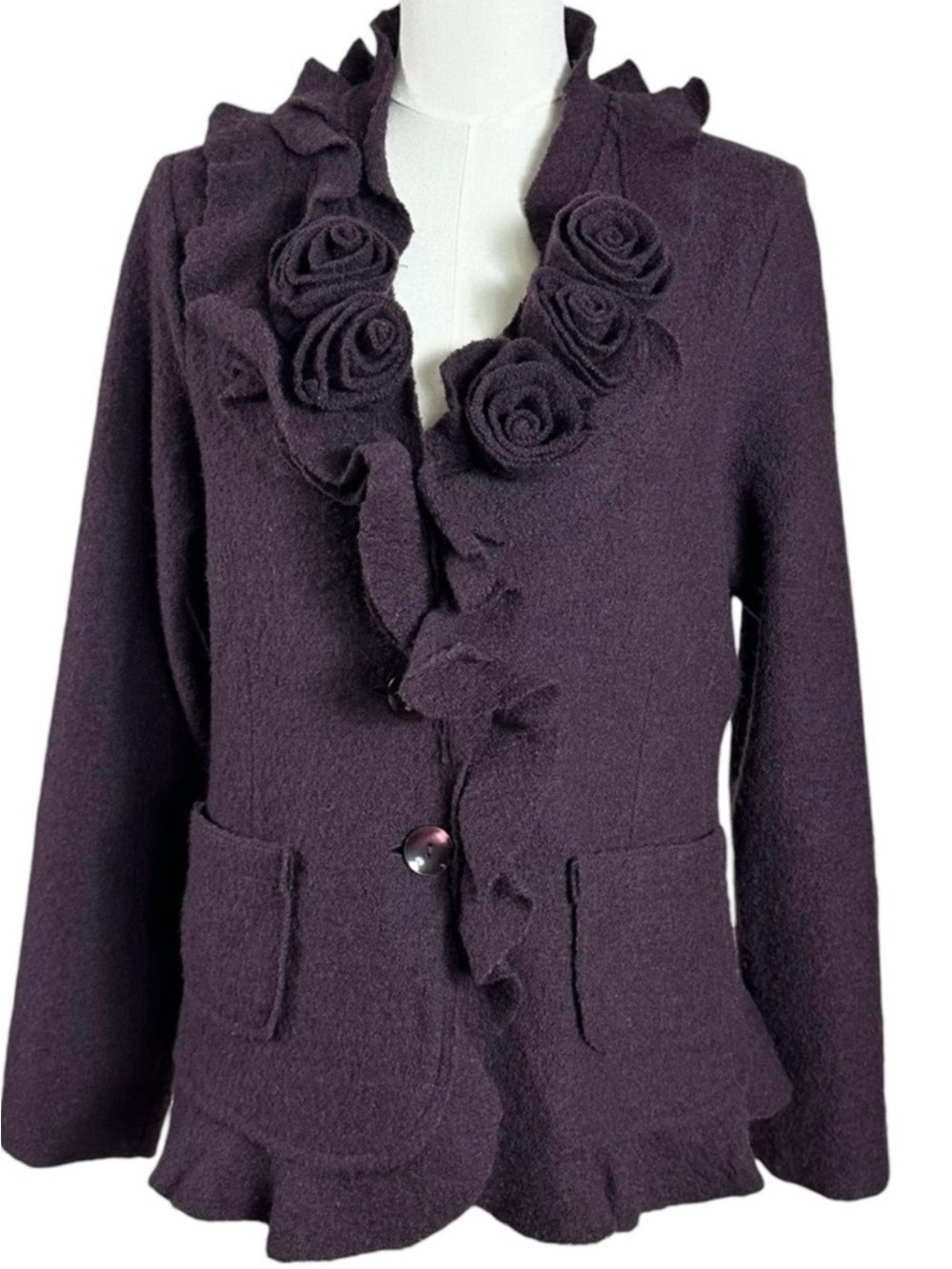 Marisa Christina Boiled Wool Rosette Cardigan Jacket in Deep Plum Size Large